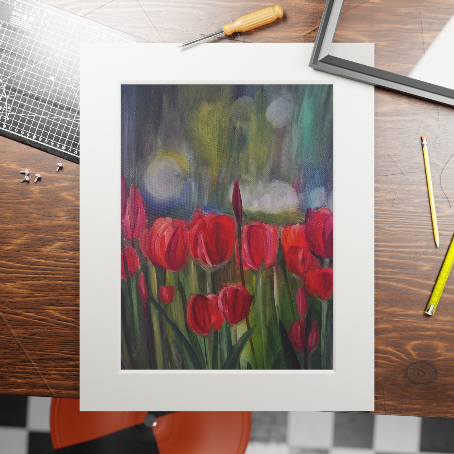 Red Tulip Field Fine Art Print | Passepartout Paper Frame