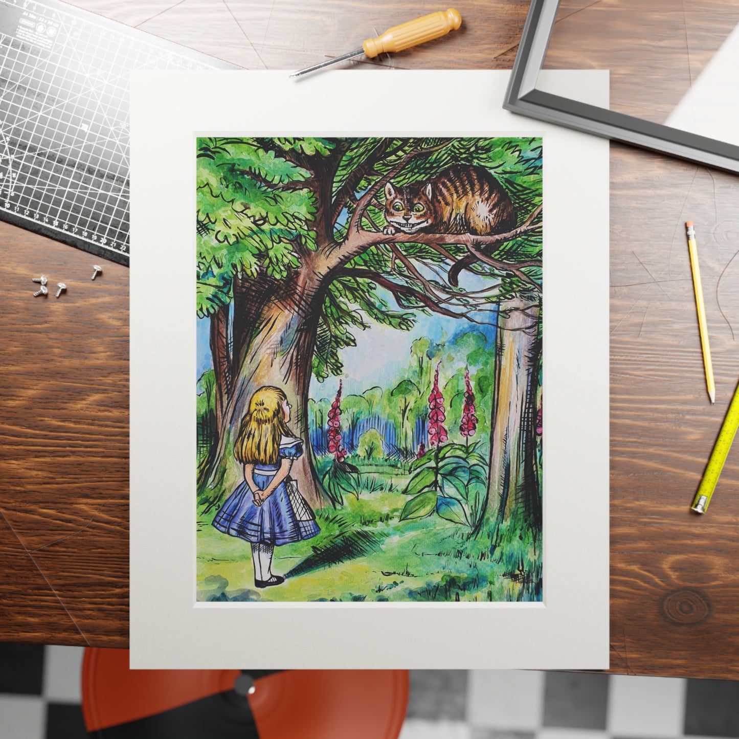 Alice and Cheshire Cat Fine Art Print Passepartout Frame