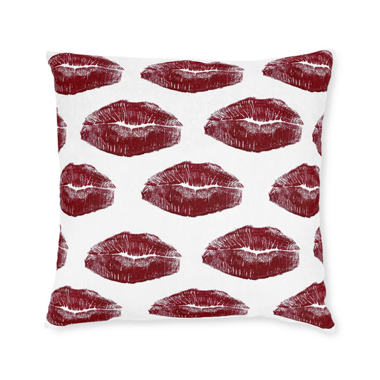 Burgundy Lipstick Kiss Pattern Square Pillow | Romantic Lip Print Decor
