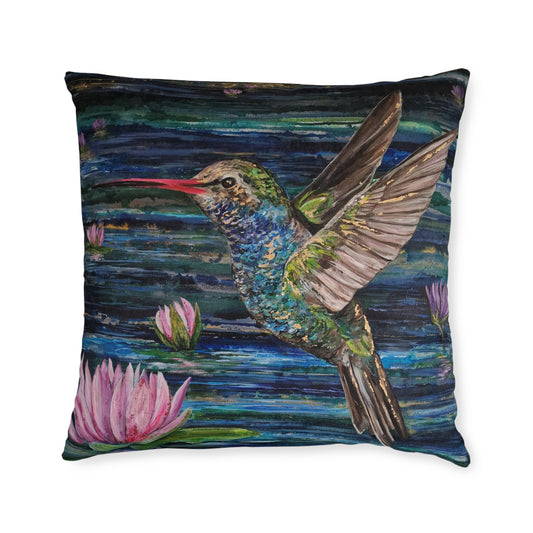Hummingbird Waterlilies Square Pillow | Colorful Bird Art Cushion