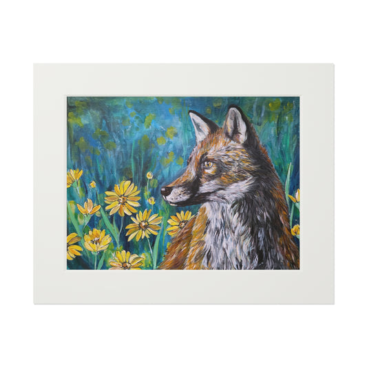 Fox Portrait with Yellow Flowers Fine Art Print | Passepartout Frame