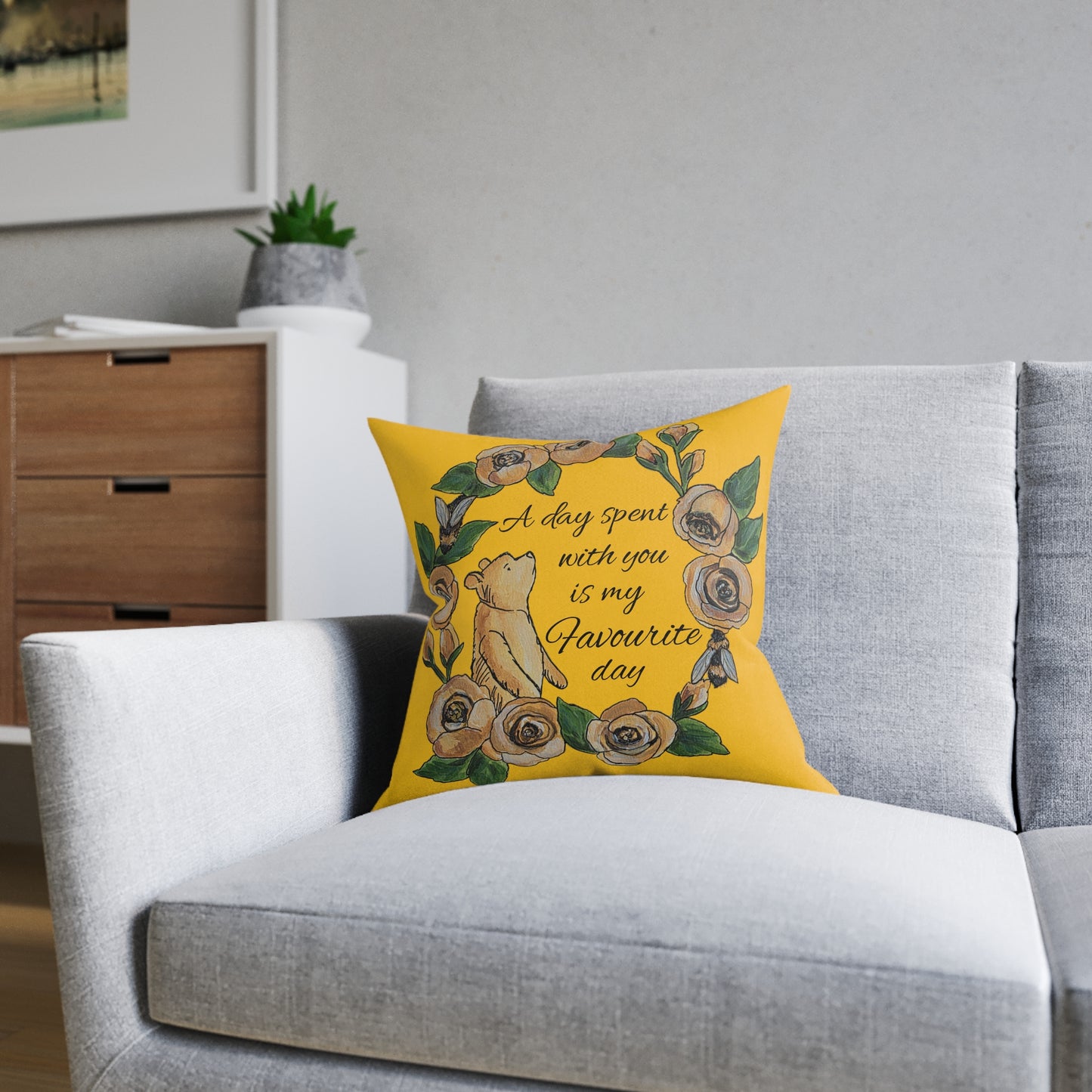 A day spent with you is my favourite day | Winnie the Pooh Square Pillow | Floral Wreath, Yellow Decorative Cushion