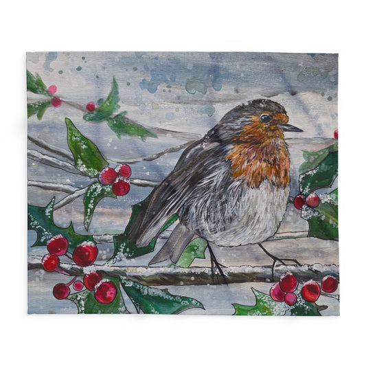 Robin on Holly Branch Arctic Fleece Blanket | Winter Bird Holiday Throw