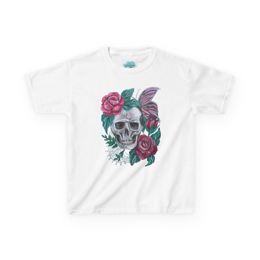 Skull with Roses Kids Tee | Floral Skull Illustration, Moth Accents