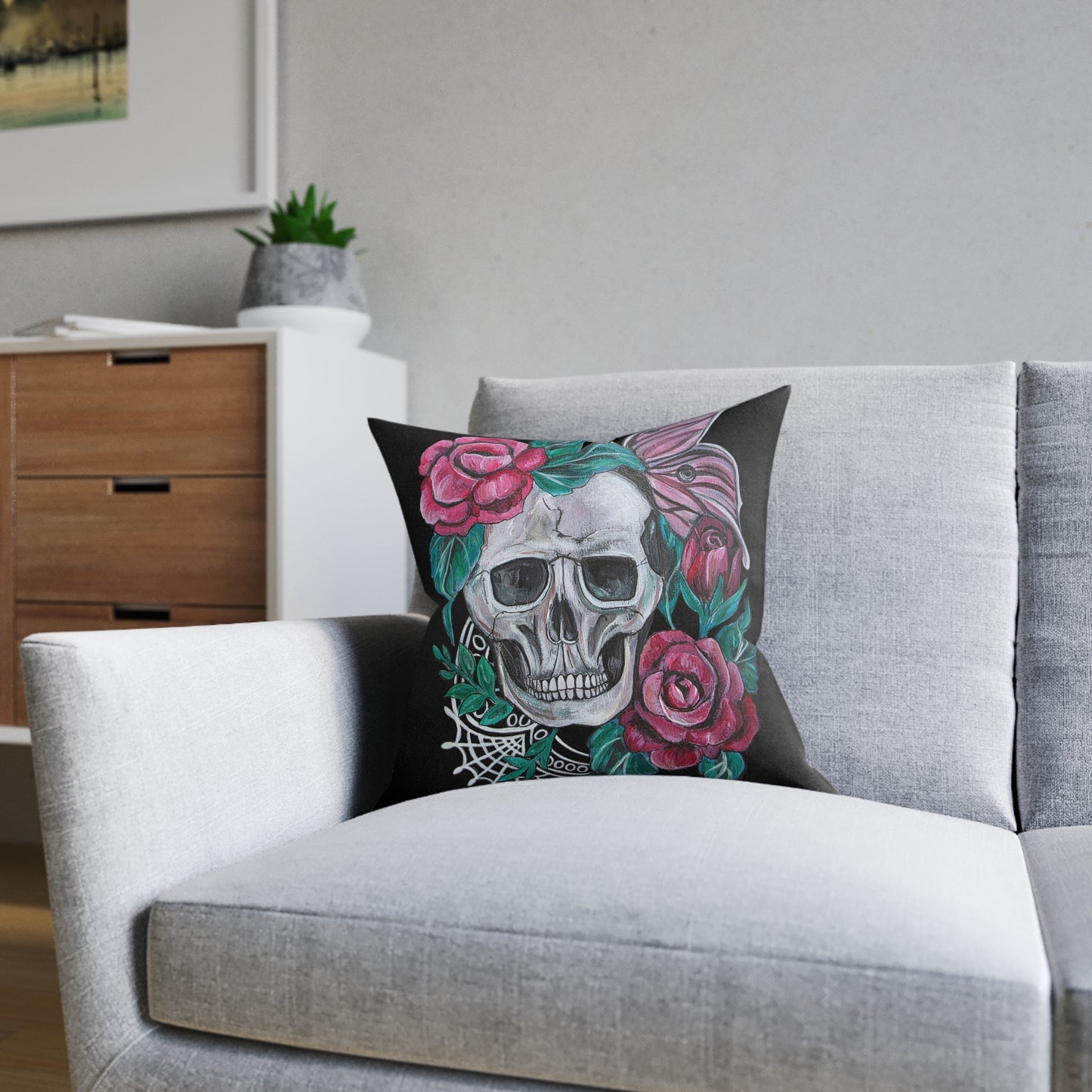 Skull with Roses Square Pillow | Floral Skull Decorative Throw Pillow