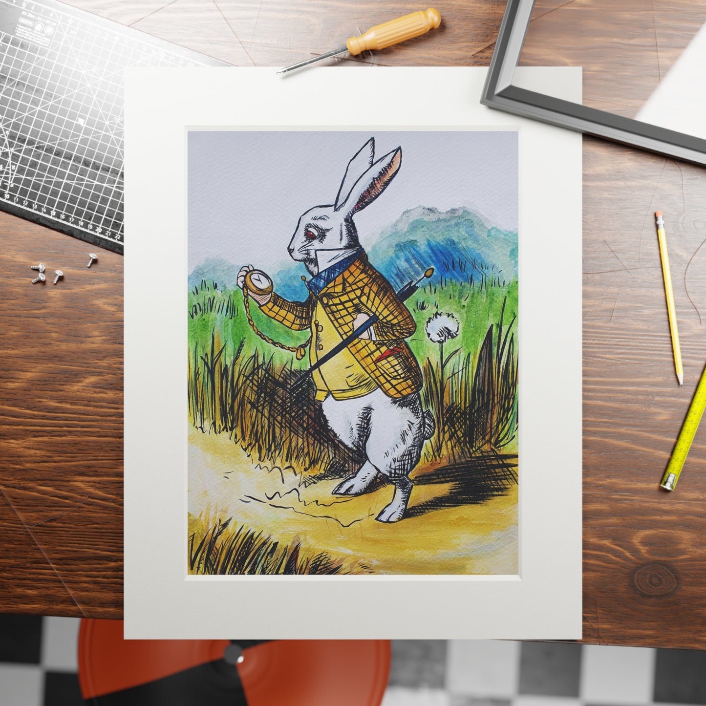 White Rabbit | Alice in Wonderland Illustration Fine Art Print | Passepartout Paper Frame