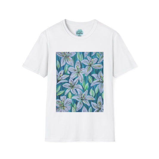 Hand-Painted White Lily Pattern T-Shirt | Floral Botanical Art