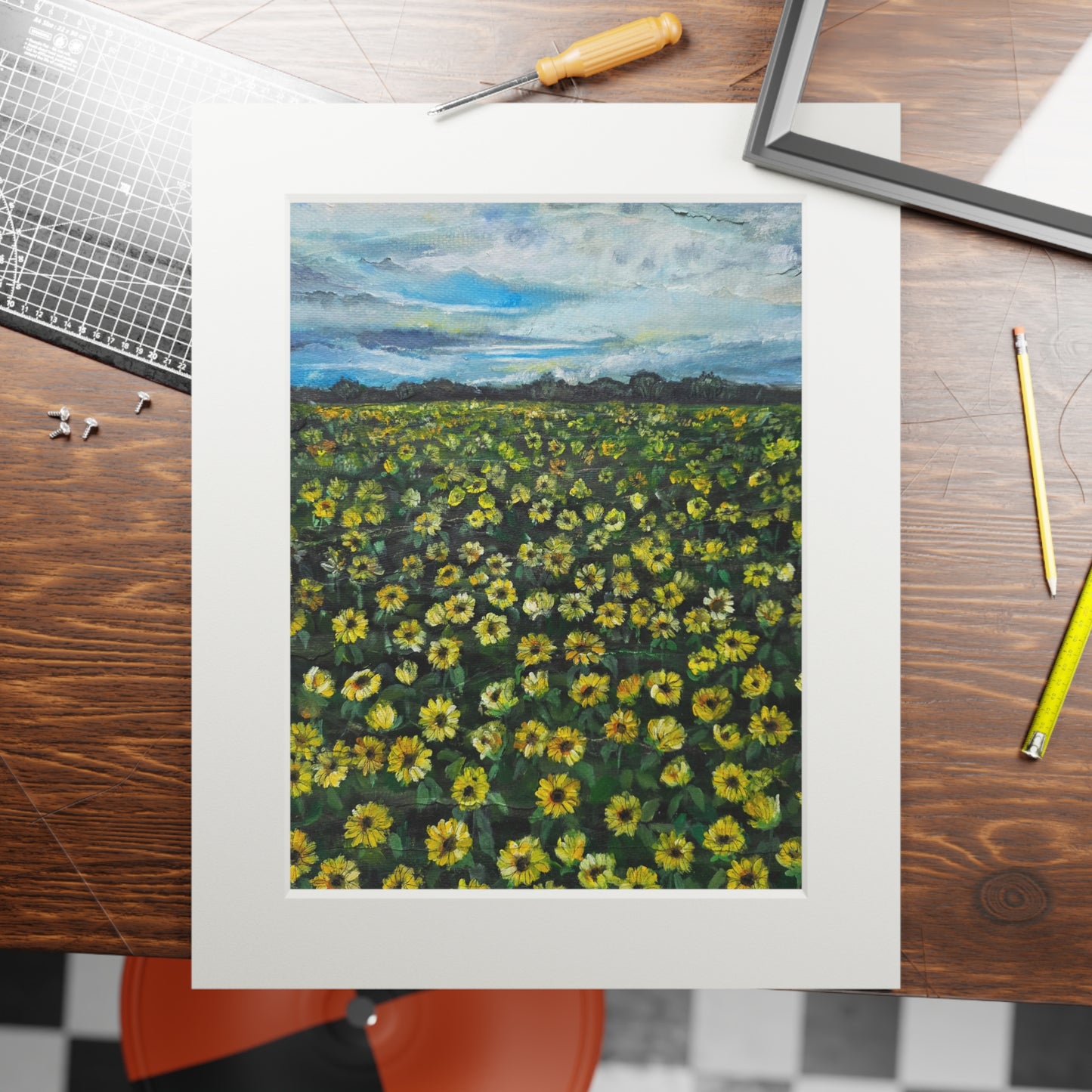Sunflower Field Painting Fine Art Print | Passepartout Paper Frame
