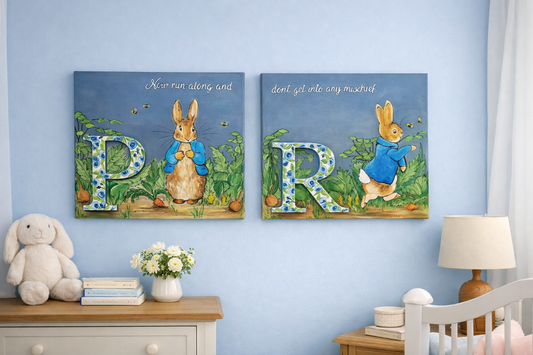 SOLD Peter Rabbit ,Mischief, Set of Two Paintings
