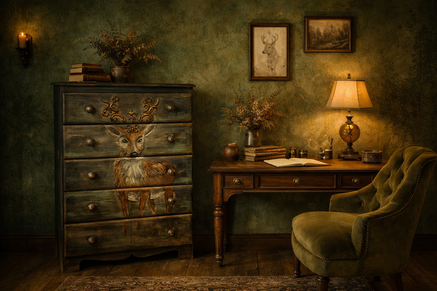 SOLD Woodland Stag — A Hand‑Painted, Earth‑Toned Drawers with 3D Antlers