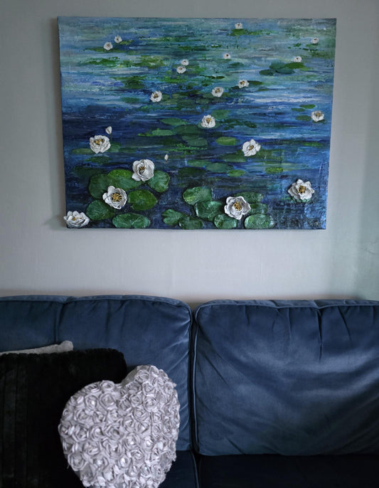 Waterlilies 3D Sculptural Canvas | Monet Inspired | Original Acrylic Art (100×75cm)