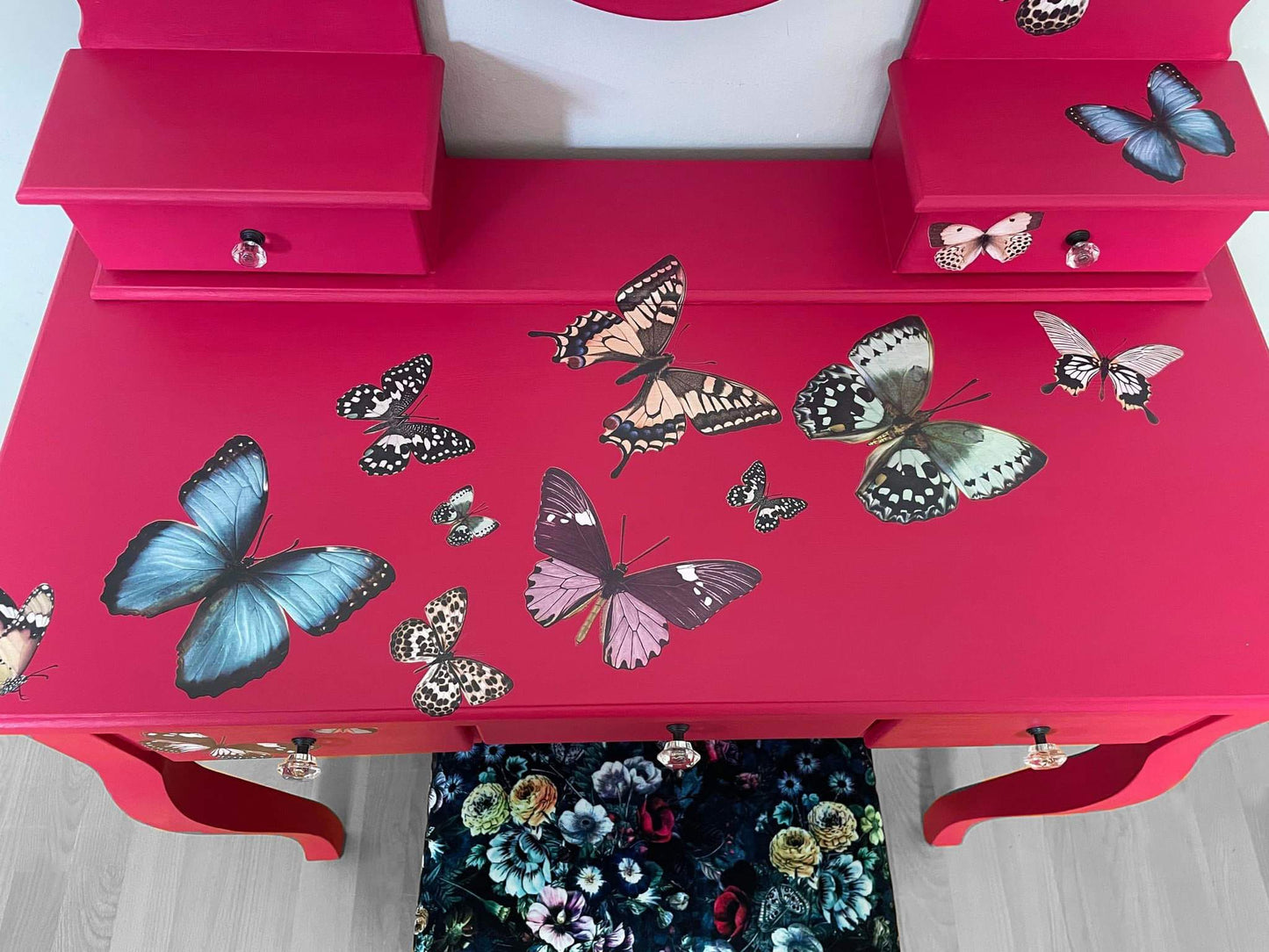 SOLD “Pink Flutterby” – Butterfly Transfer Dressing Table with Upholstered Stool