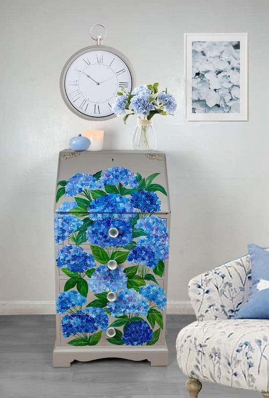 SOLD “Hydrangea” – Hand‑Painted Floral Bureau with WoodUbend Detailing