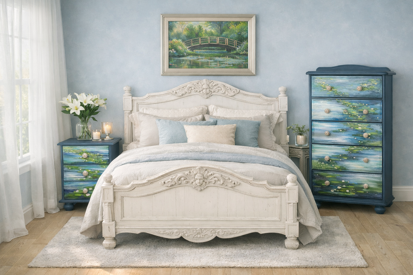 COMMISSION “Waterlilies” – Monet‑Inspired Hand‑Painted Furniture Set
