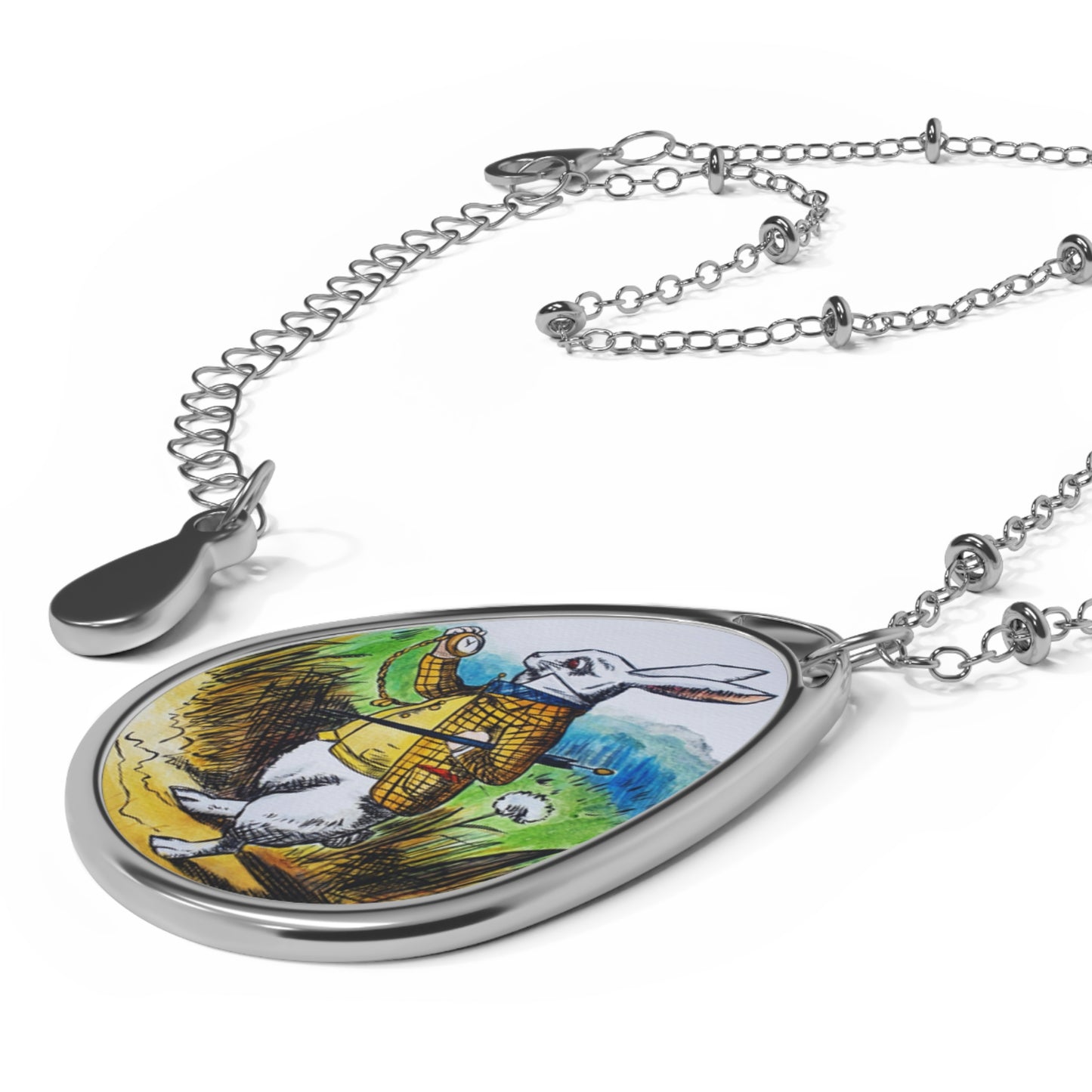 White Rabbit - I'm Late Illustration Necklace | Oval Pendant, Storybook Charm