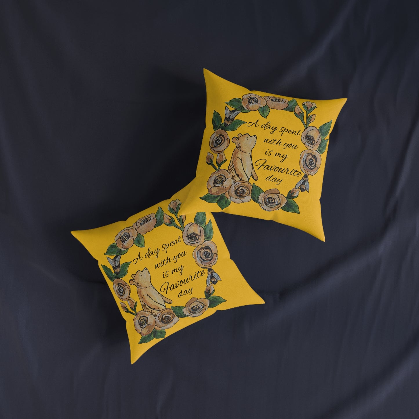 A day spent with you is my favourite day | Winnie the Pooh Square Pillow | Floral Wreath, Yellow Decorative Cushion