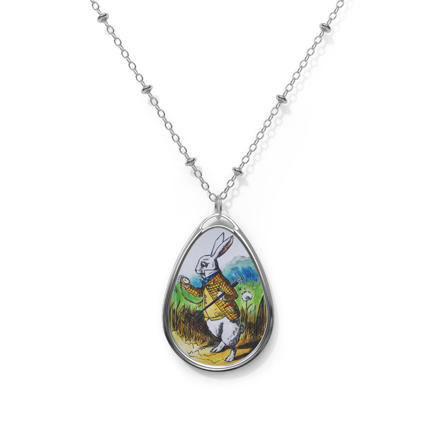 White Rabbit - I'm Late Illustration Necklace | Oval Pendant, Storybook Charm