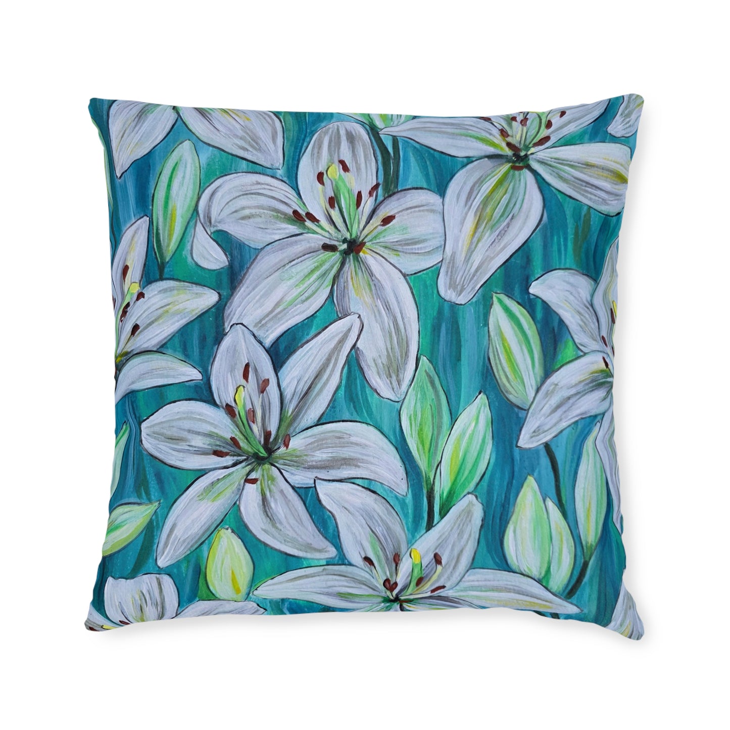 White Lily Floral Square Pillow | Blue Botanical Throw Pillow