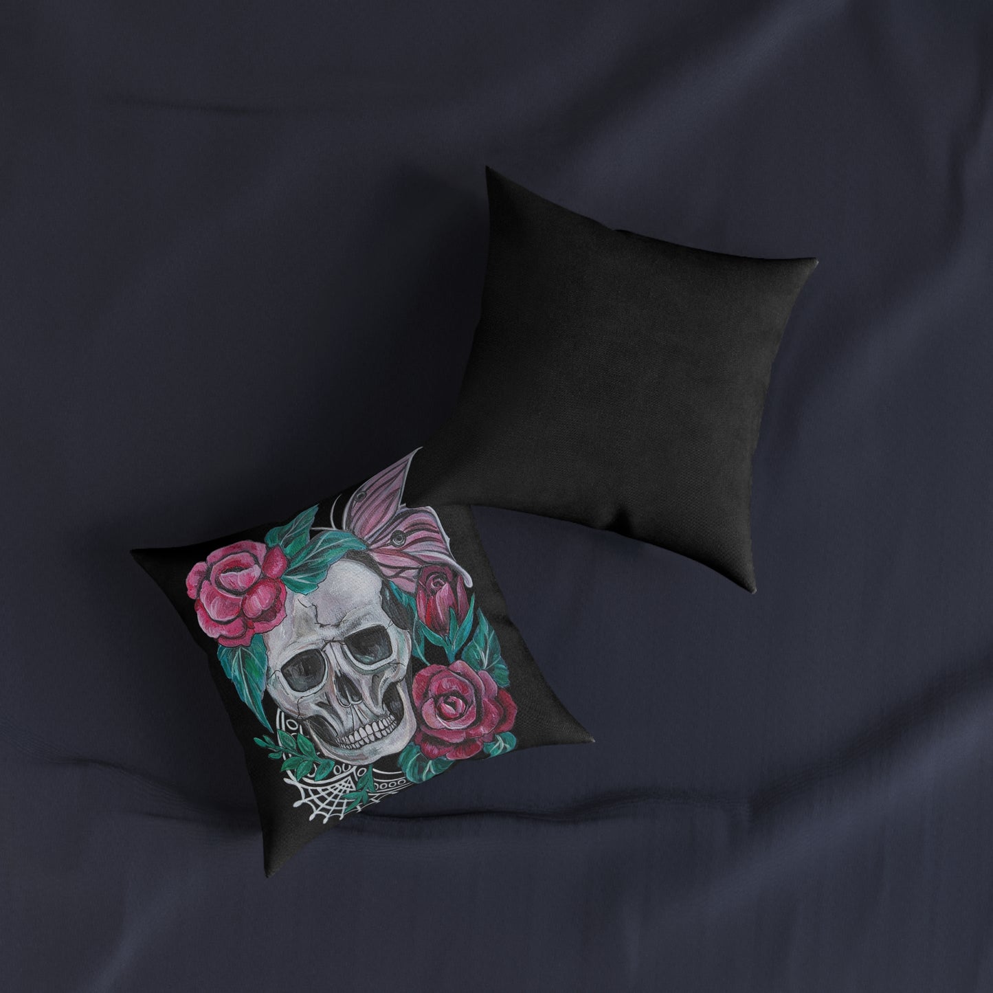 Skull with Roses Square Pillow | Floral Skull Decorative Throw Pillow