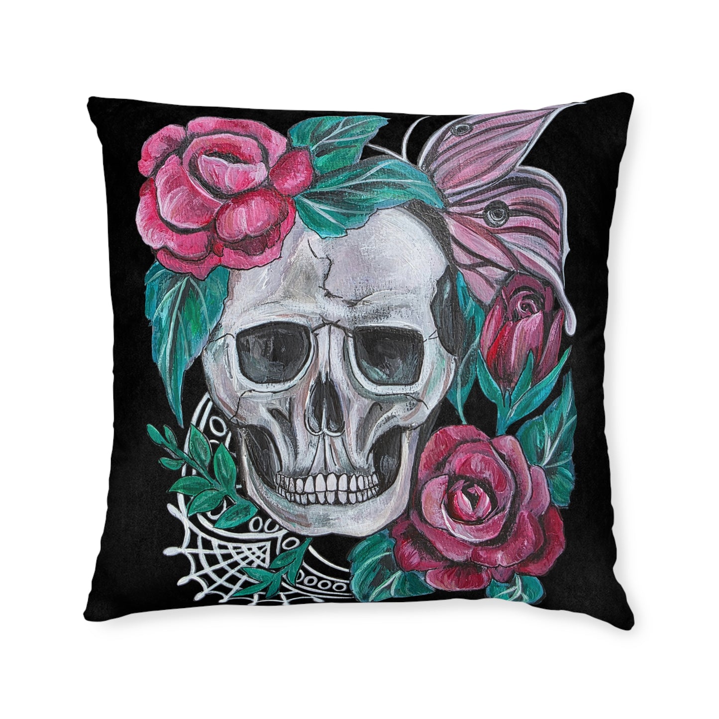 Skull with Roses Square Pillow | Floral Skull Decorative Throw Pillow