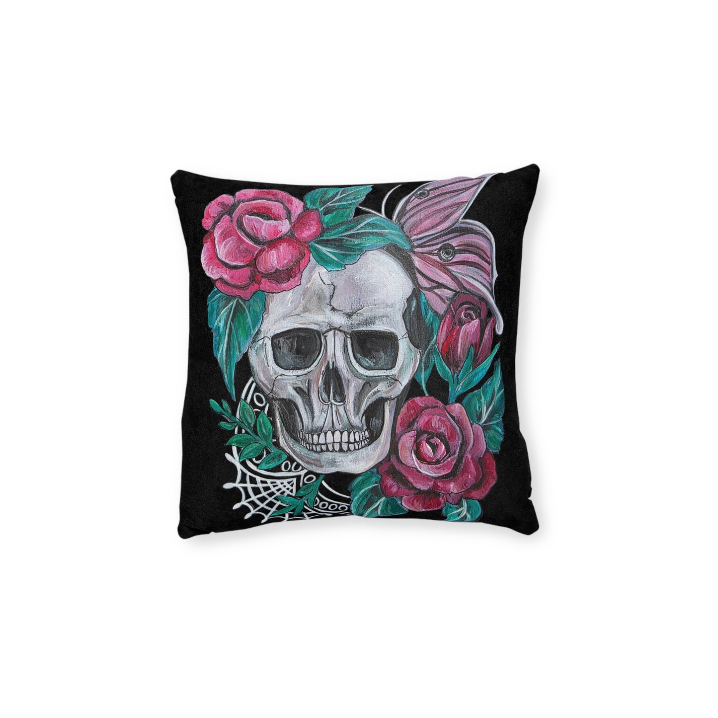 Skull with Roses Square Pillow | Floral Skull Decorative Throw Pillow