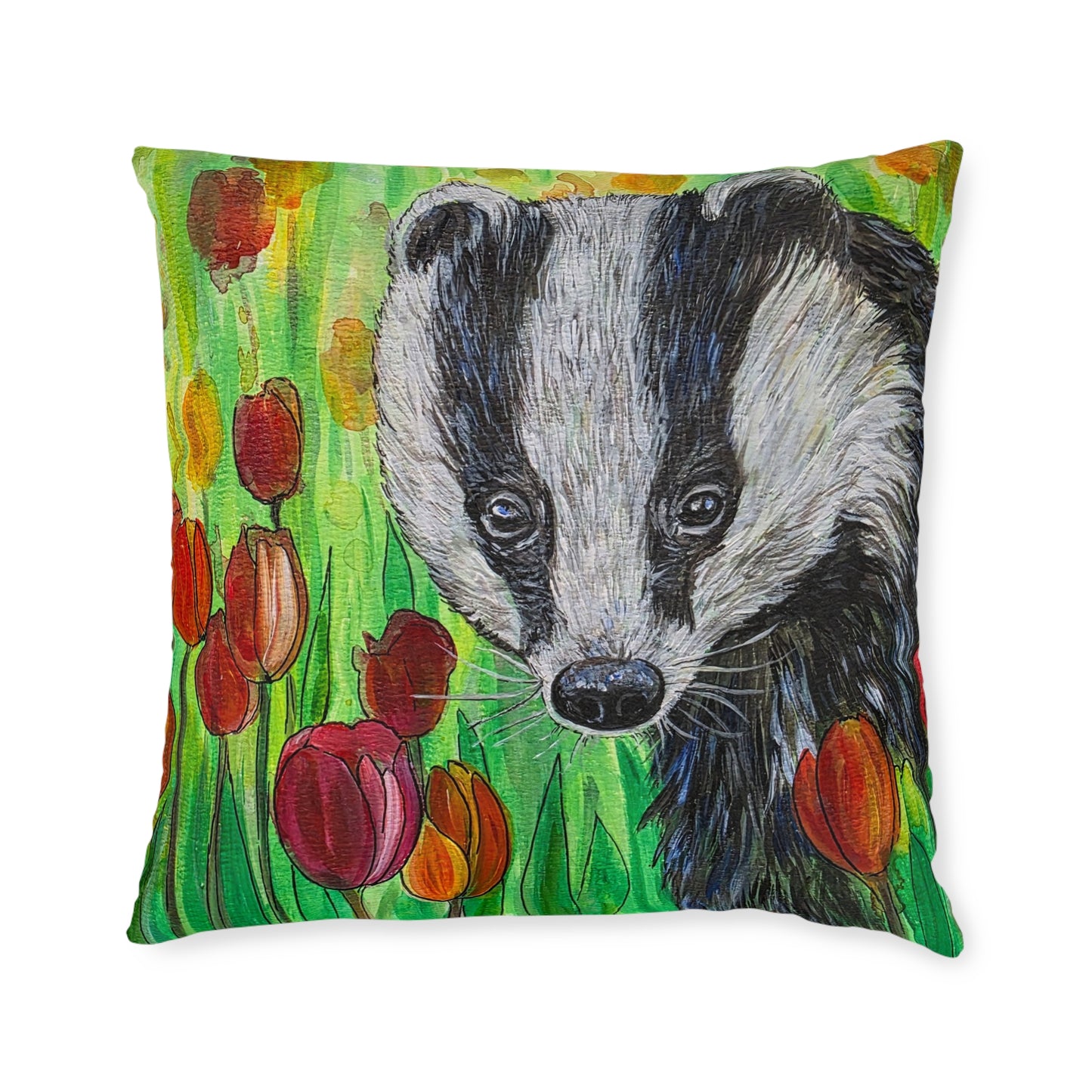 Badger Illustration Square Pillow | Floral Tulips Nature Animal Accent
