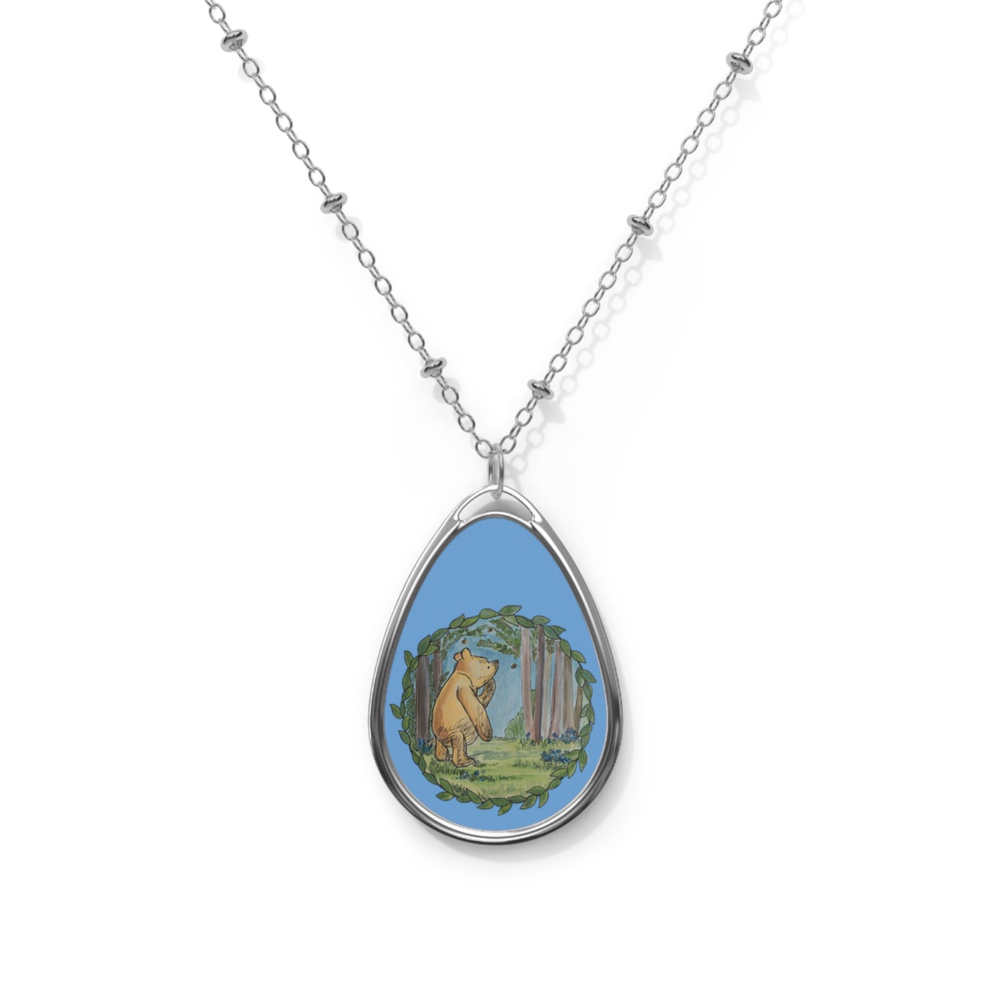 Winnie the Pooh Woodland Scene Oval Necklace | Forest Pendant, Modern Blue Background