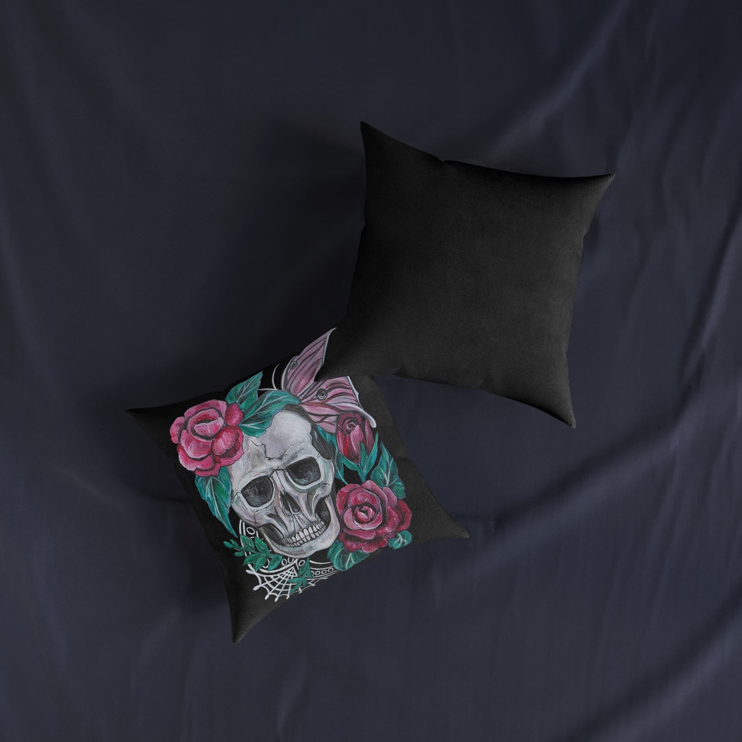 Skull with Roses Square Pillow | Floral Skull Decorative Throw Pillow