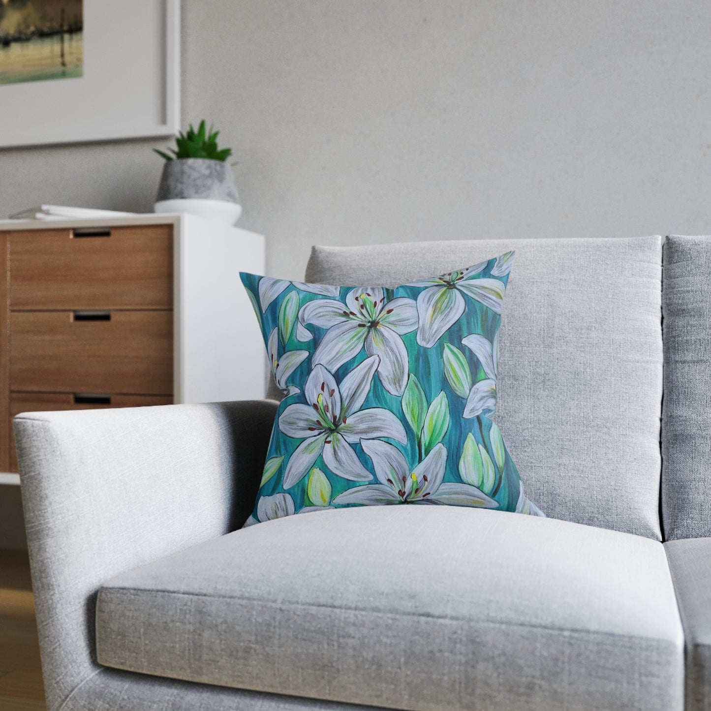 White Lily Floral Square Pillow | Blue Botanical Throw Pillow