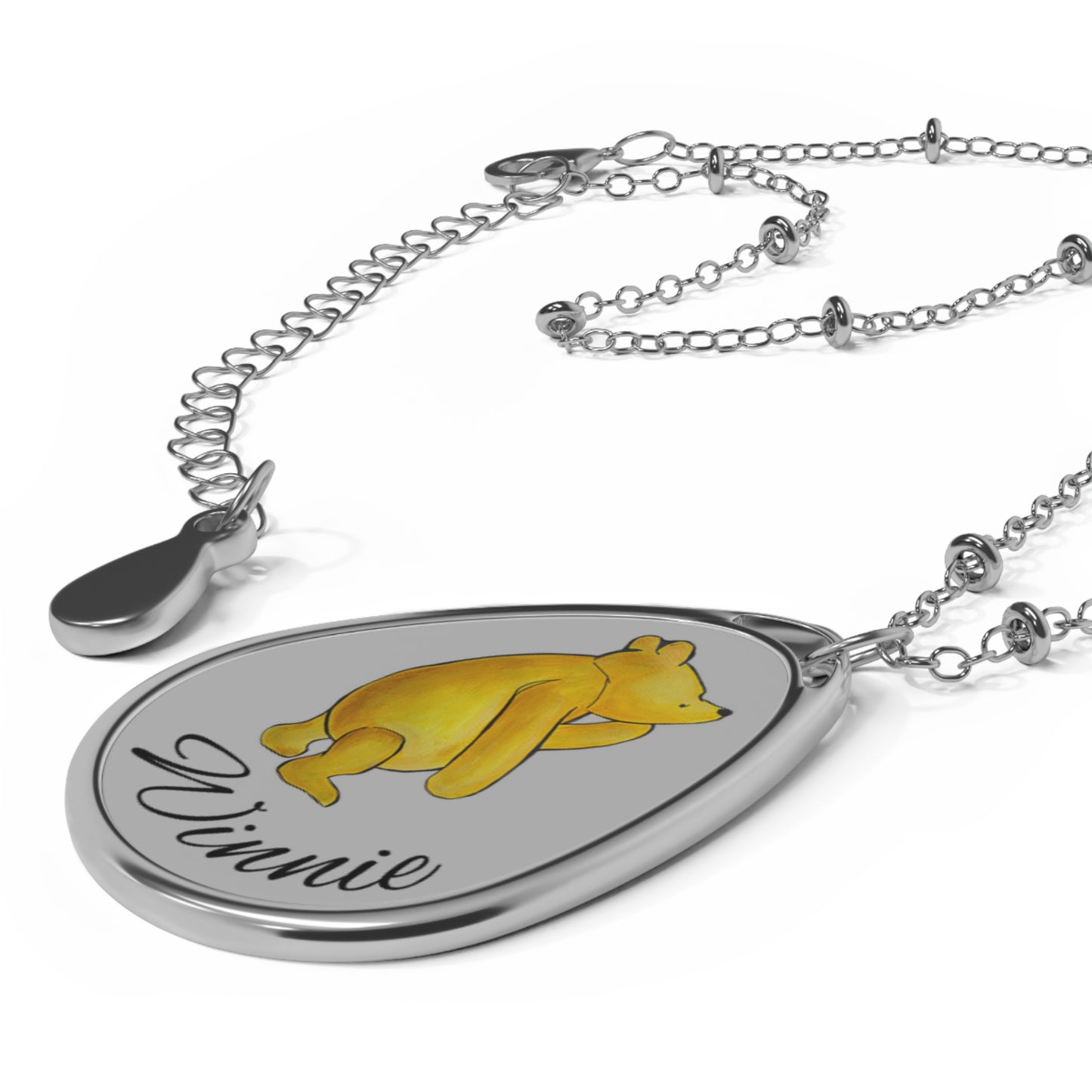 Winnie the Pooh Bear Illustration Oval Necklace | Silver Teardrop Pendant