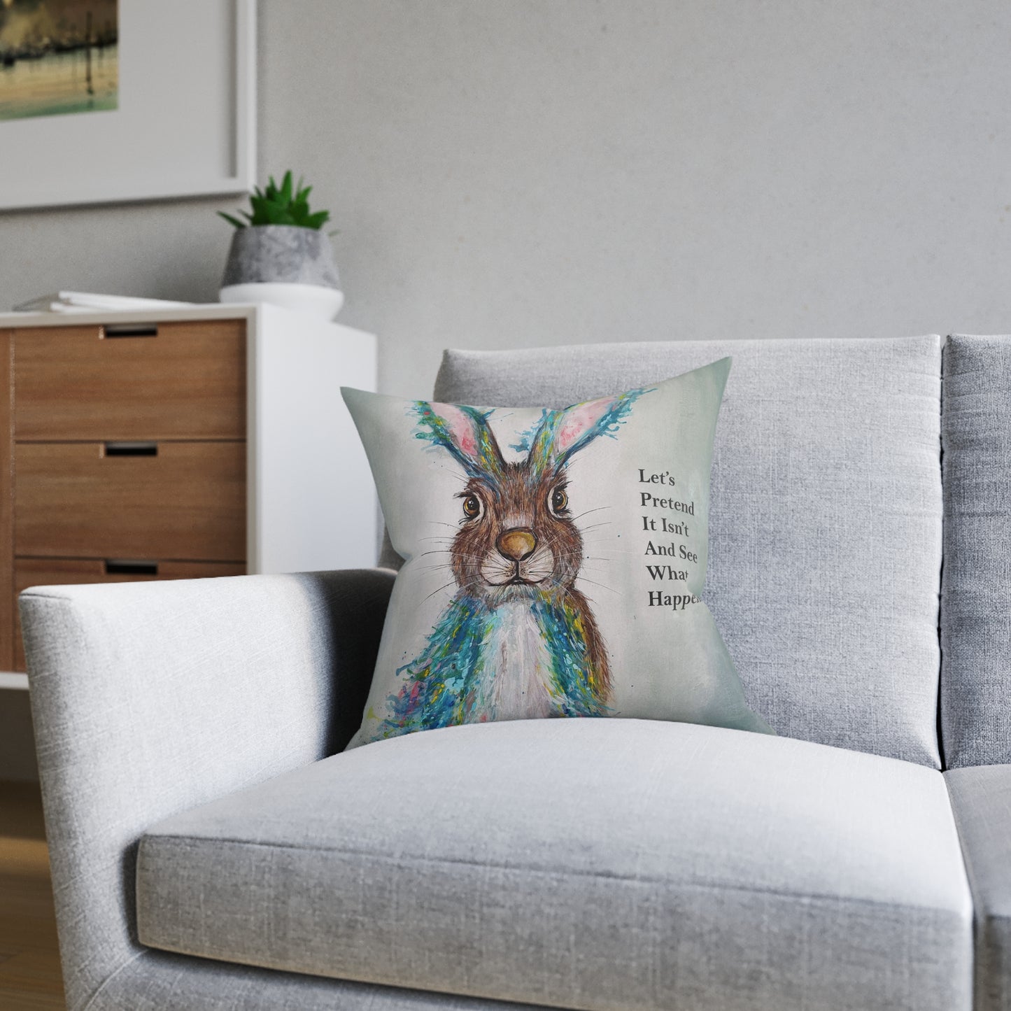 Whimsical Hare Illustration Square Pillow | 'Let's Pretend It Isn't And See What Happens'