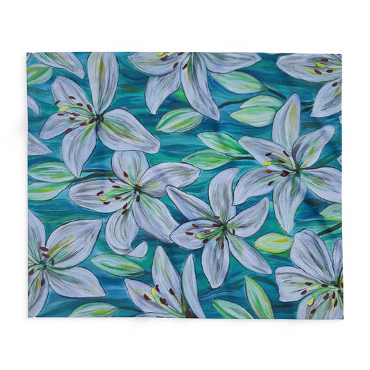 White Lily Floral Arctic Fleece Blanket | Blue Teal Botanical Throw