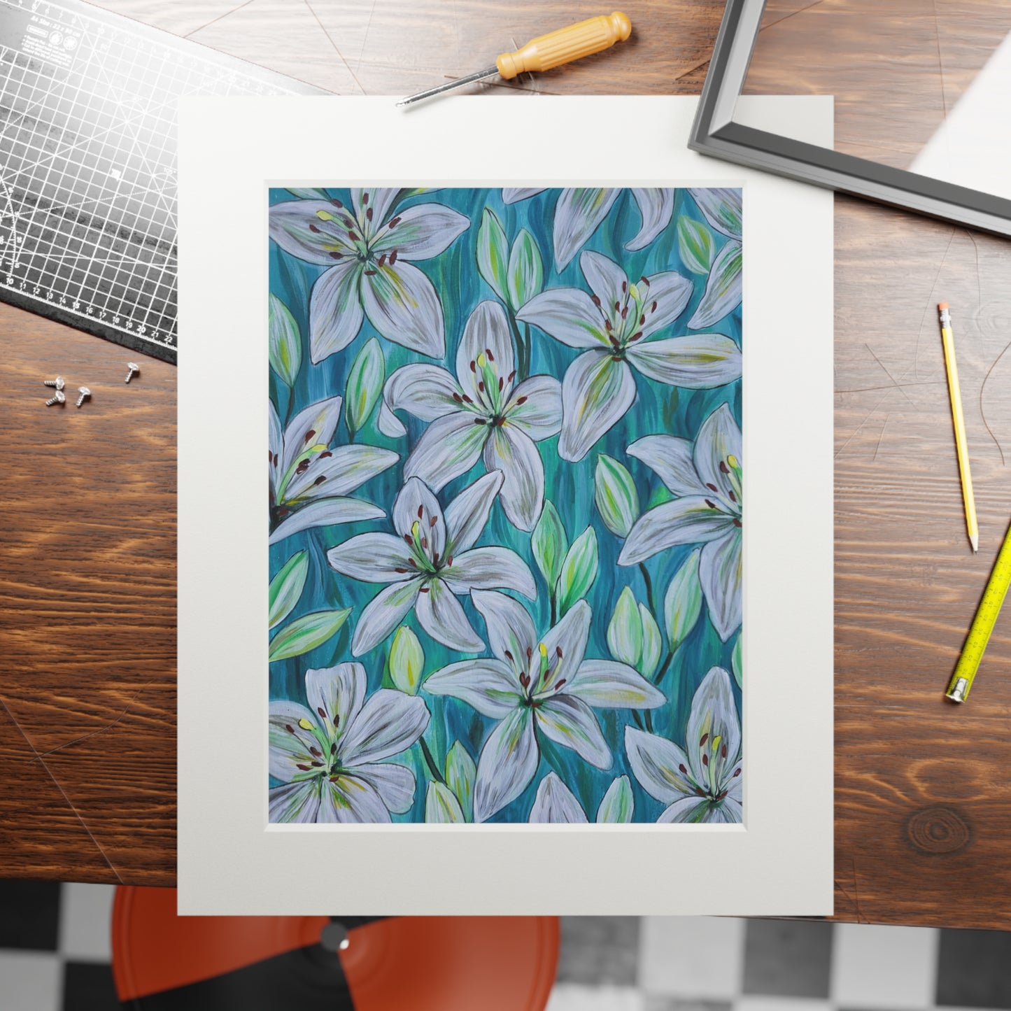 White Lily Floral Artwork Fine Art Print | Passepartout Paper Frame