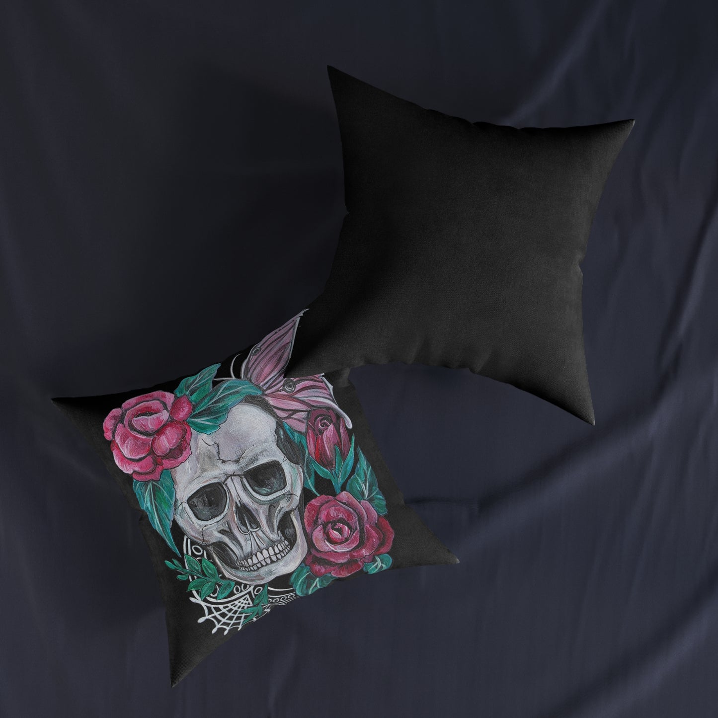 Skull with Roses Square Pillow | Floral Skull Decorative Throw Pillow