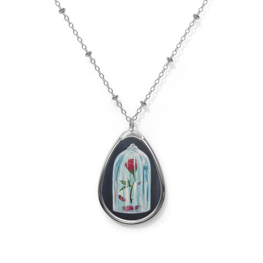Enchanted Rose Illustration Oval Necklace | Teardrop Pendant, Glass Dome