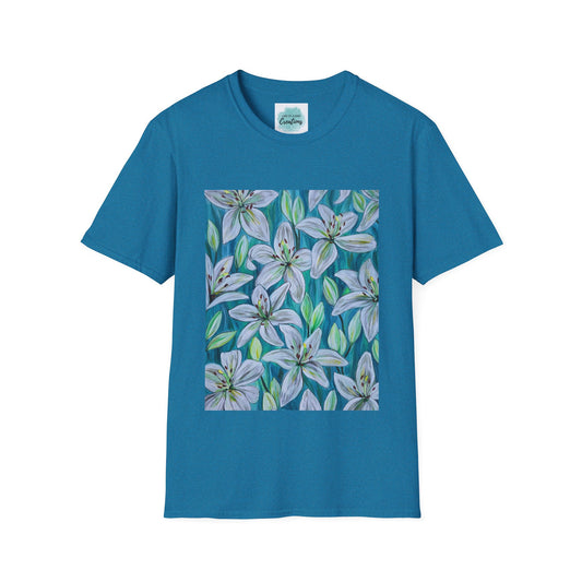 Hand-Painted White Lily Pattern T-Shirt | Floral Botanical Art
