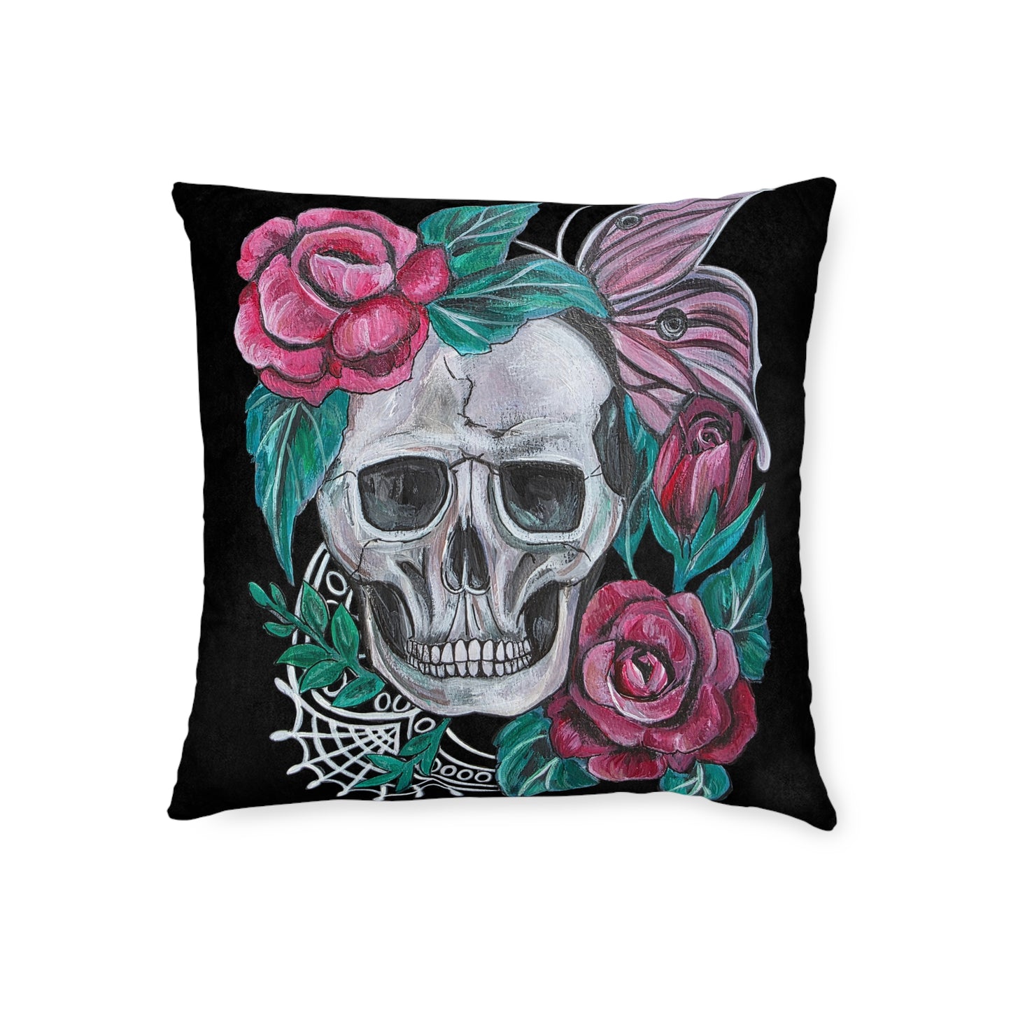Skull with Roses Square Pillow | Floral Skull Decorative Throw Pillow