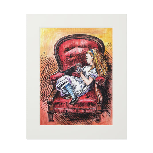 Alice in Wonderland | Alice & Dino Red Armchair Fine Art Print | Passepartout Frame Matte Paper