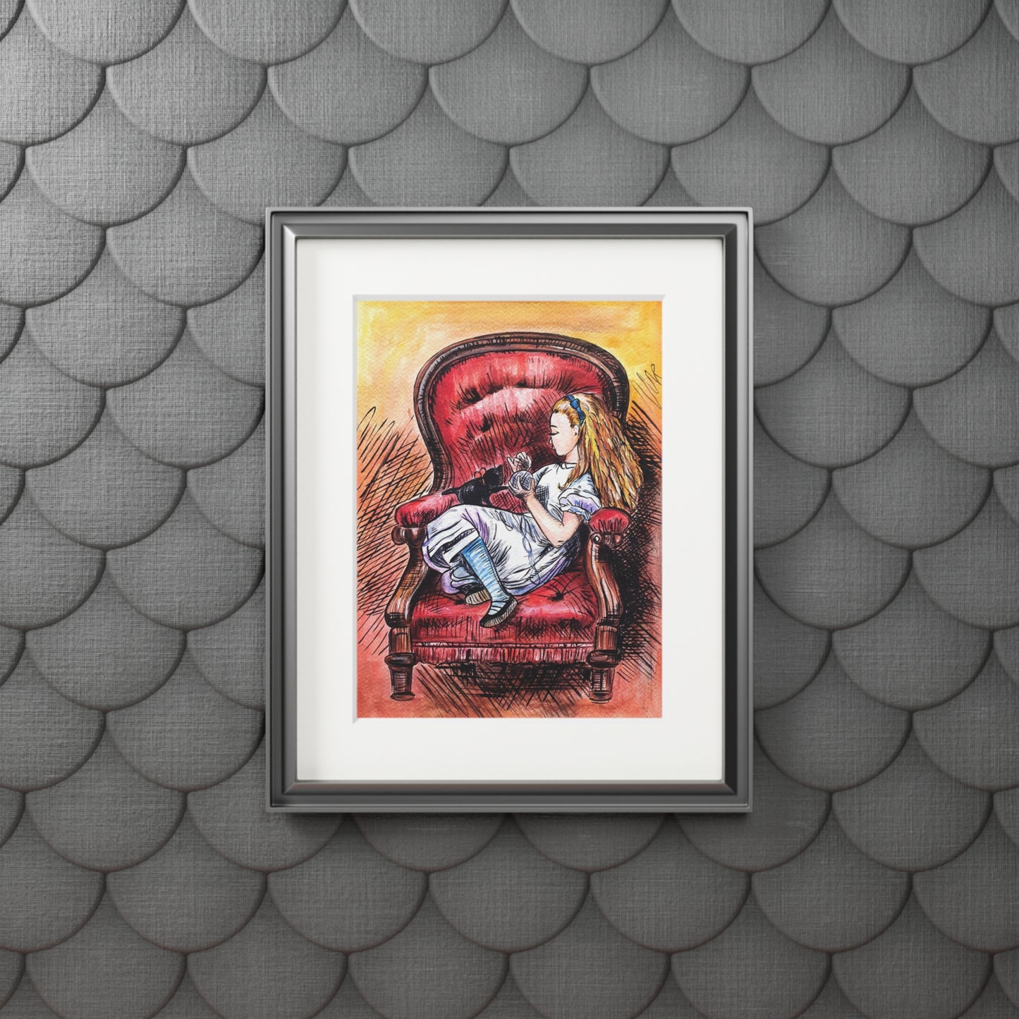 Alice in Wonderland | Alice & Dino Red Armchair Fine Art Print | Passepartout Frame Matte Paper