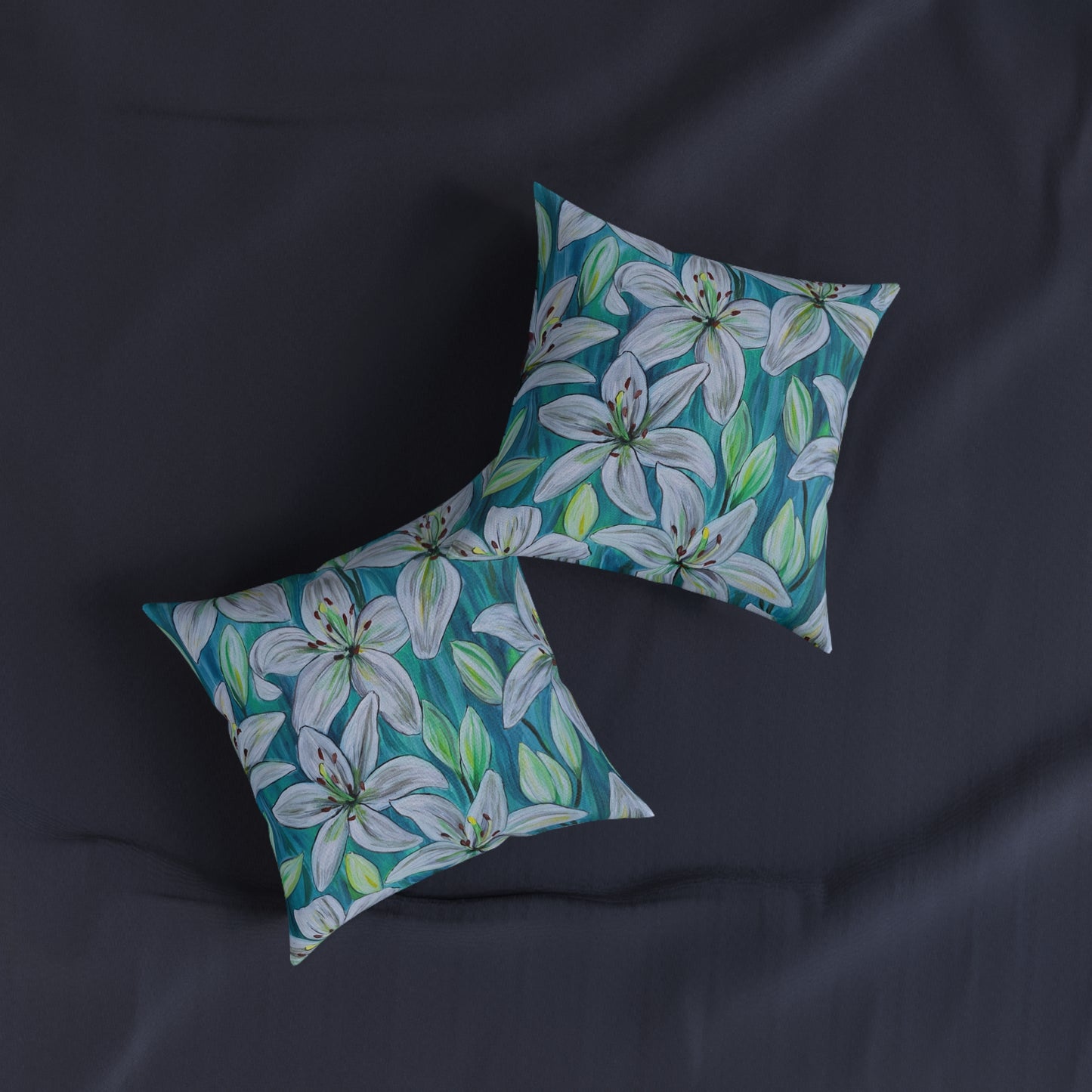White Lily Floral Square Pillow | Blue Botanical Throw Pillow