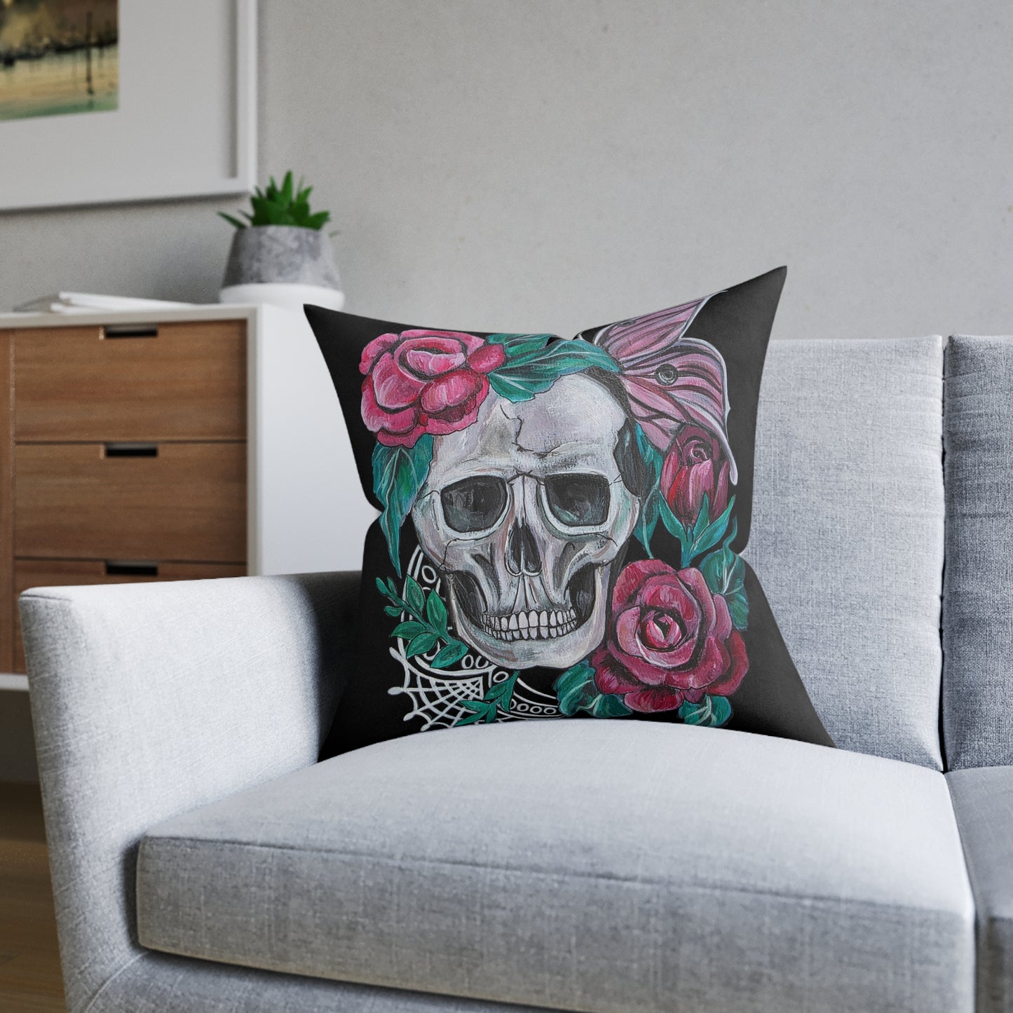 Skull with Roses Square Pillow | Floral Skull Decorative Throw Pillow