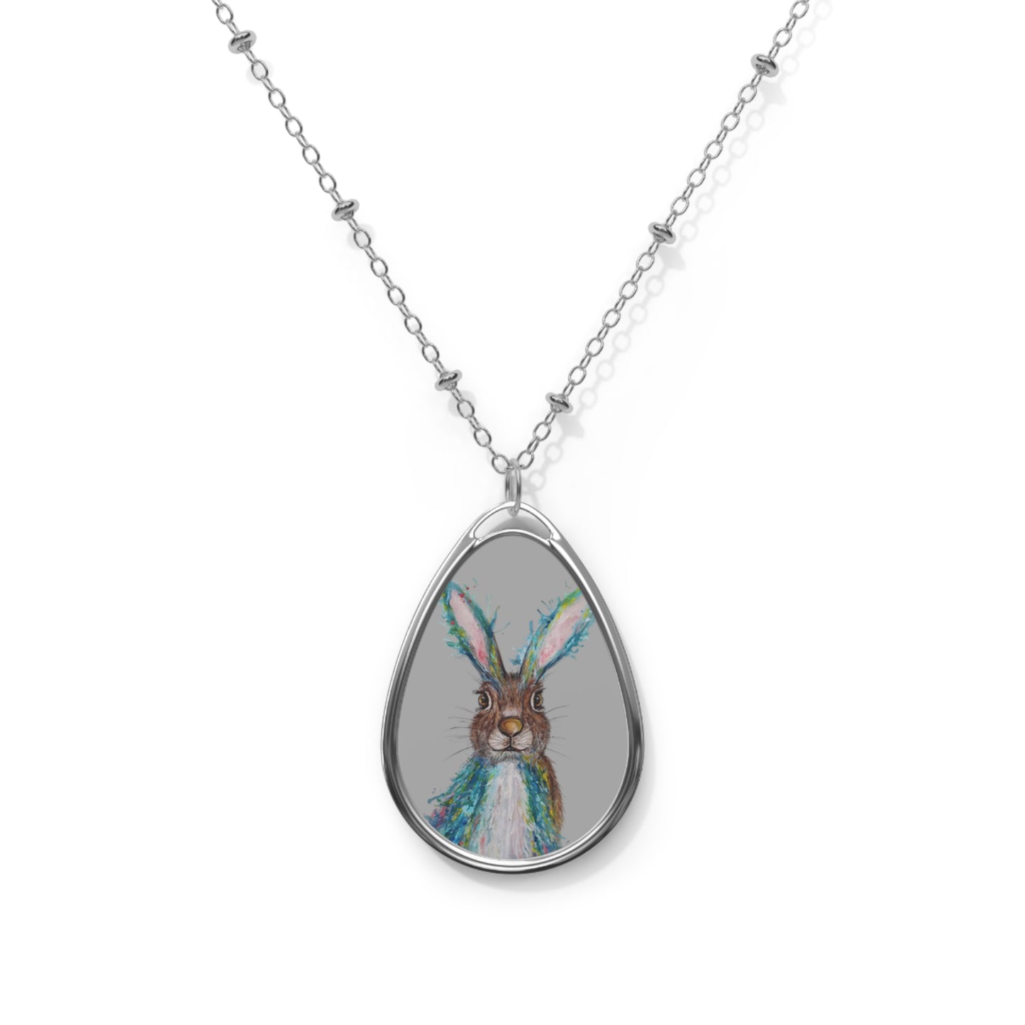 Whimsical Watercolor Hare Oval Necklace | Bunny Pendant, Spring Jewelry