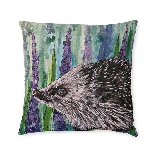 Hedgehog Illustration Square Pillow | Watercolor Flowers, Botanical Accent Pillow