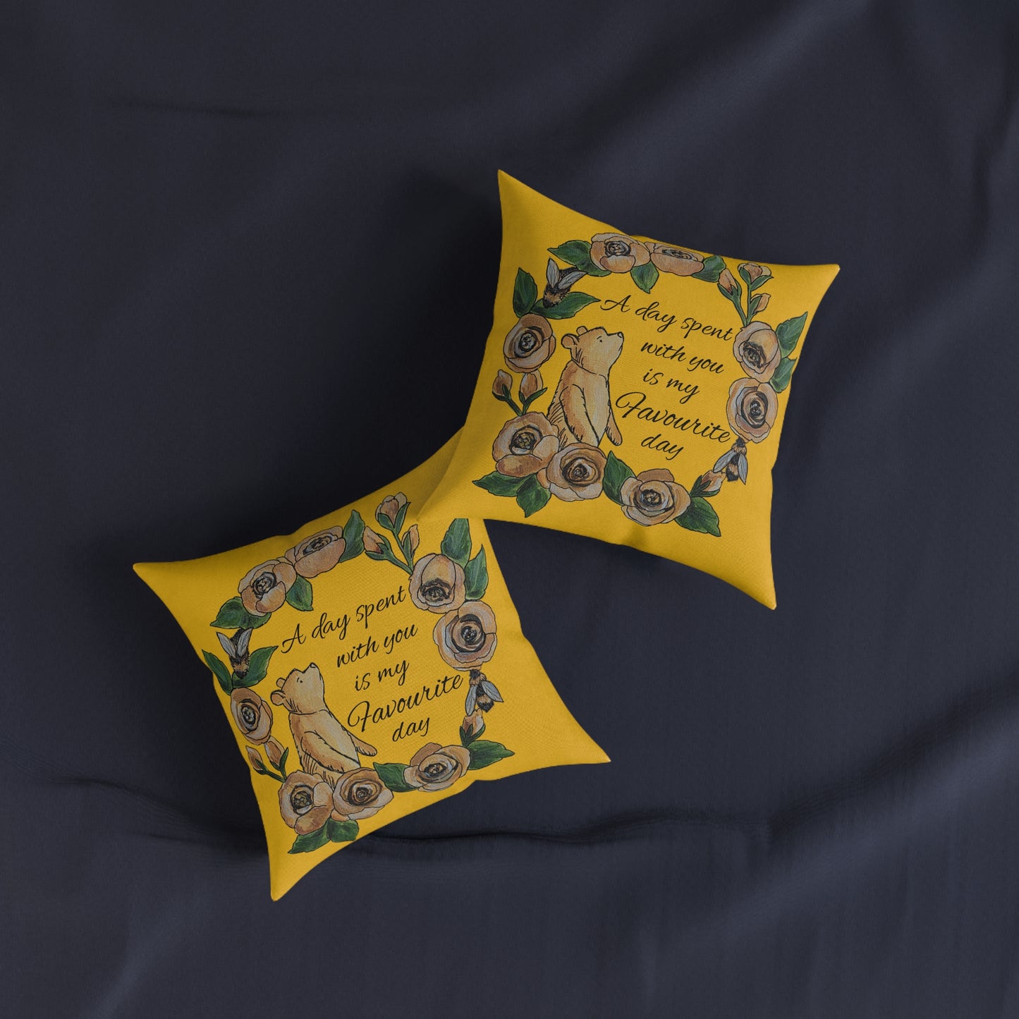 A day spent with you is my favourite day | Winnie the Pooh Square Pillow | Floral Wreath, Yellow Decorative Cushion