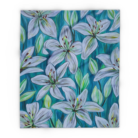 White Lily Floral Arctic Fleece Blanket | Blue Teal Botanical Throw