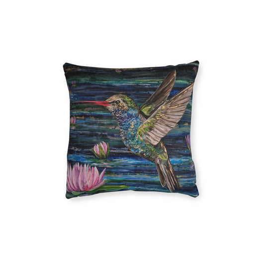 Hummingbird Waterlilies Square Pillow | Colorful Bird Art Cushion