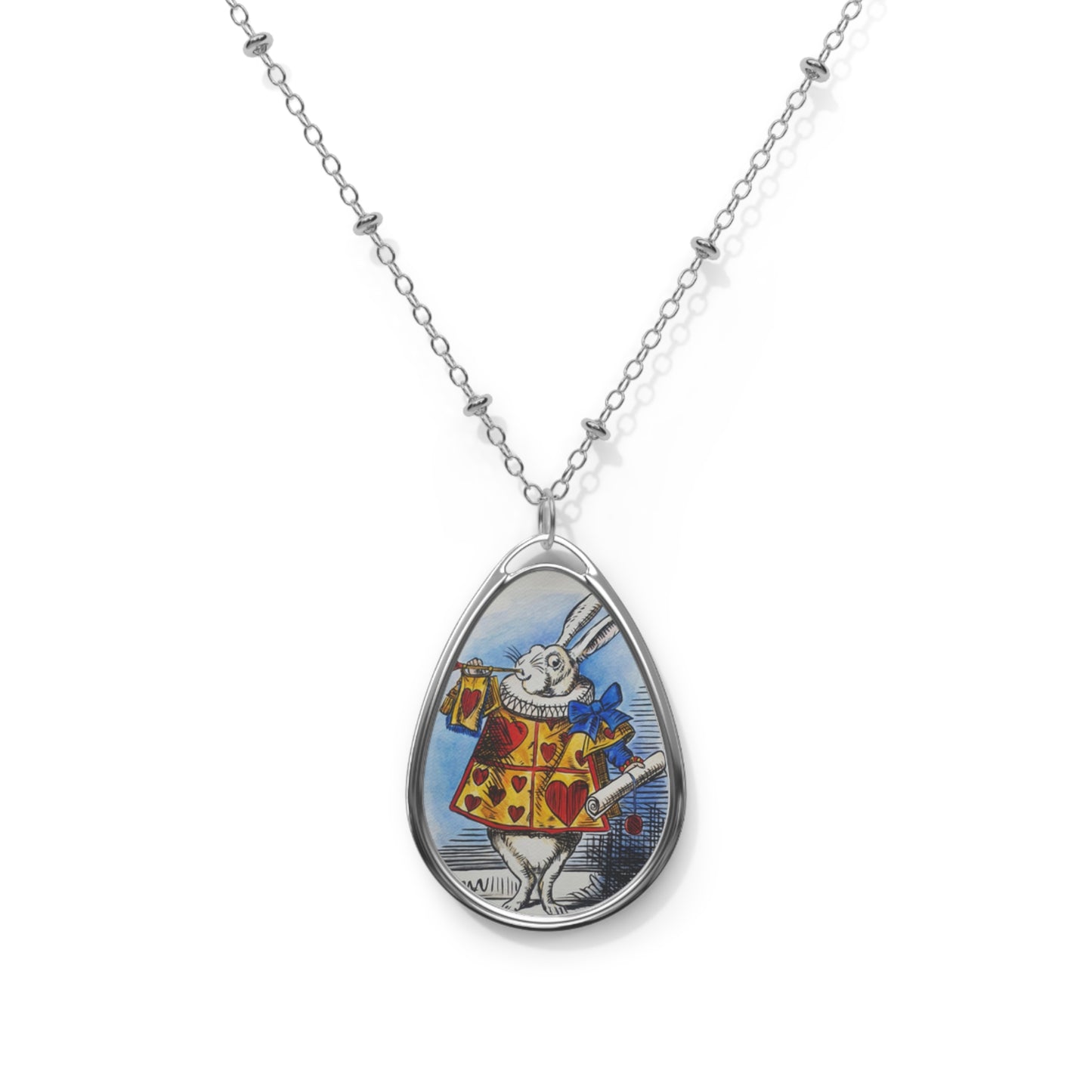 White Rabbit Illustration Oval Necklace | Alice in Wonderland Pendant