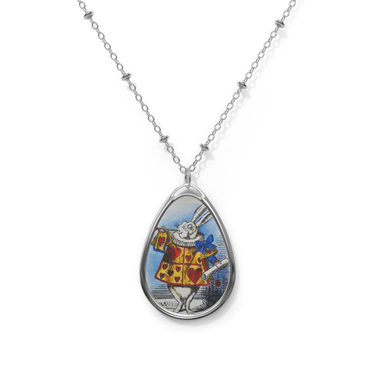 White Rabbit Illustration Oval Necklace | Alice in Wonderland Pendant