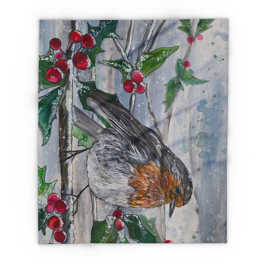 Robin on Holly Branch Arctic Fleece Blanket | Winter Bird Holiday Throw