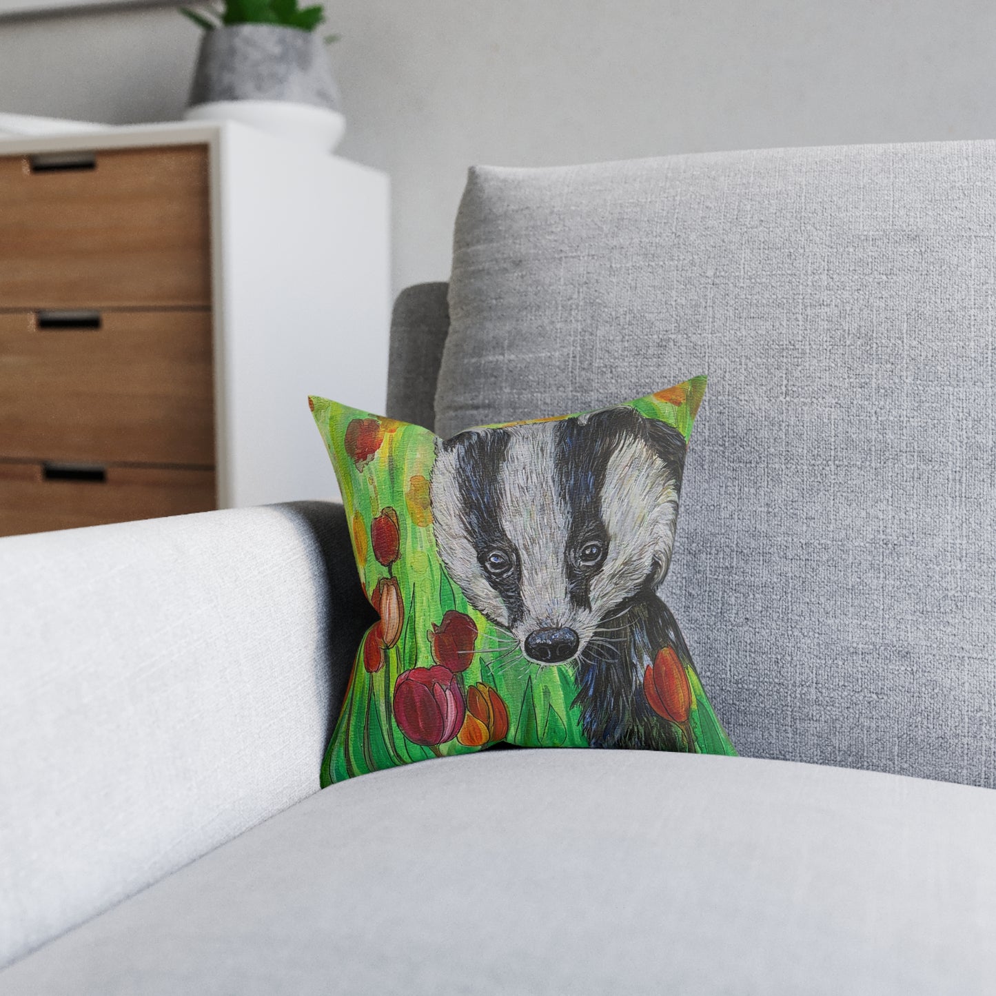 Badger Illustration Square Pillow | Floral Tulips Nature Animal Accent